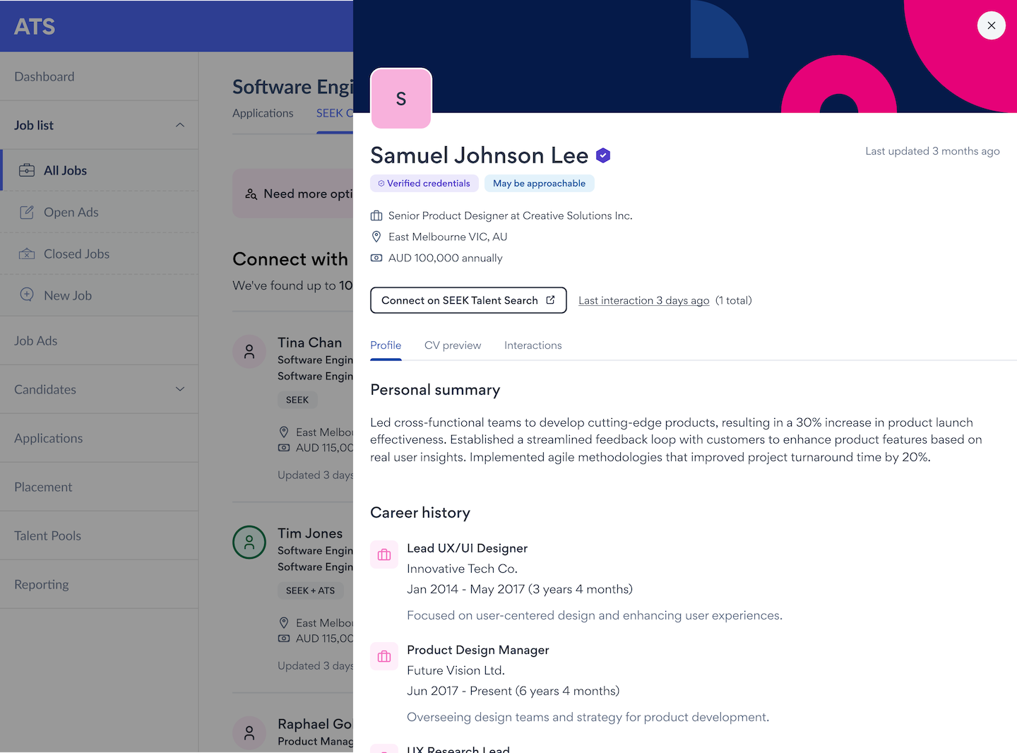 Candidate Profile Panel in a drawer from a candidate list