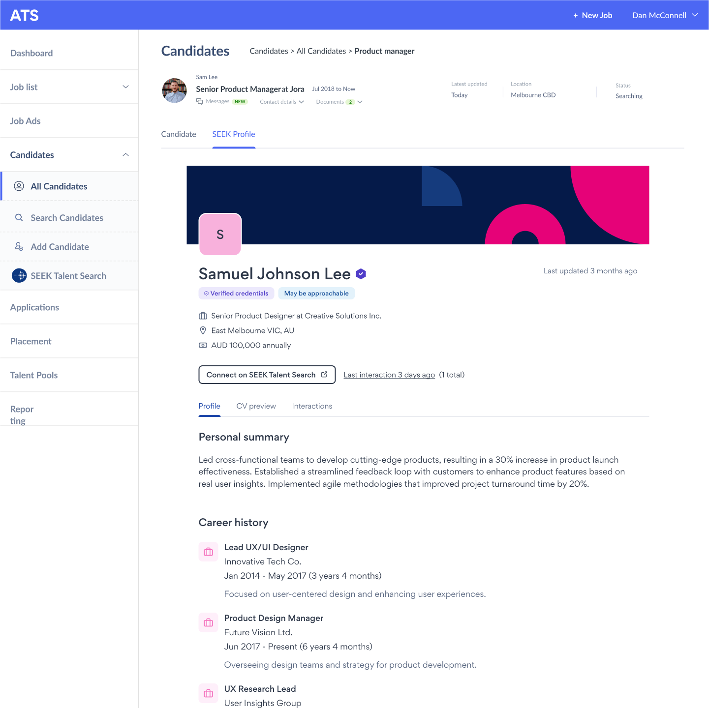 Candidate Profile Panel in a tab on a candidate details page