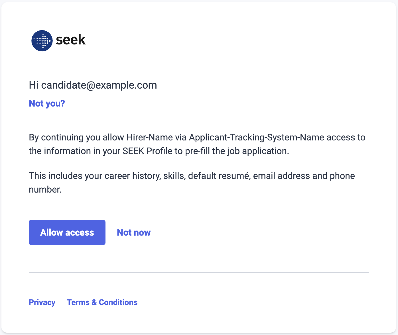 Apply with SEEK authorization page